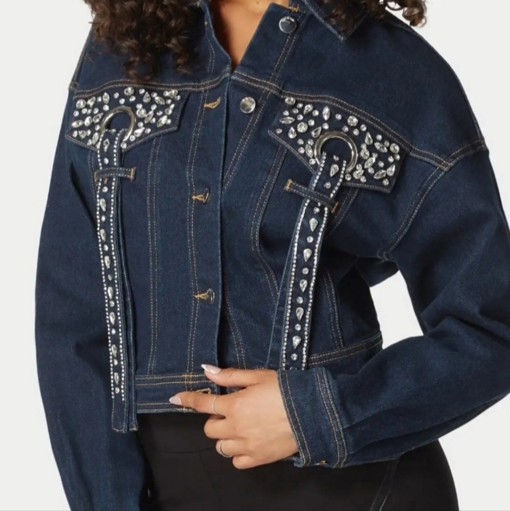 Bebe Dark Blue Denim Jacket with Crystal Accents